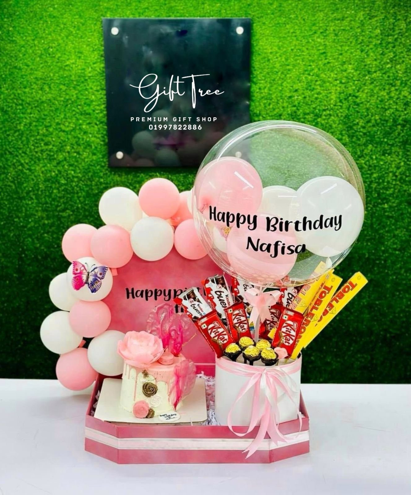 Pink Theme Cake with Chocolate Collection & Bubble Balloon