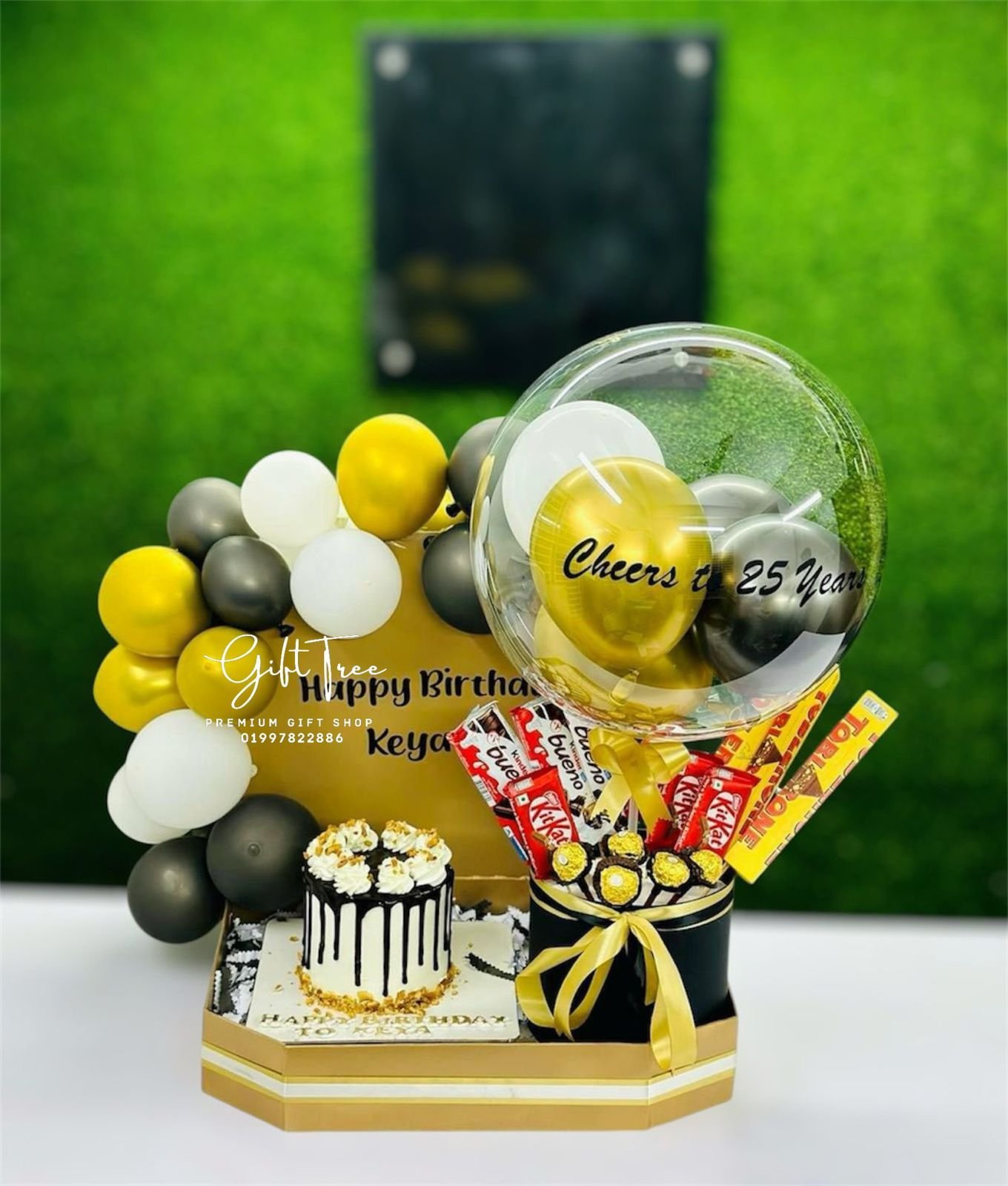 Gold & Black Balloon Chocolate Bouquet with Drip Cake