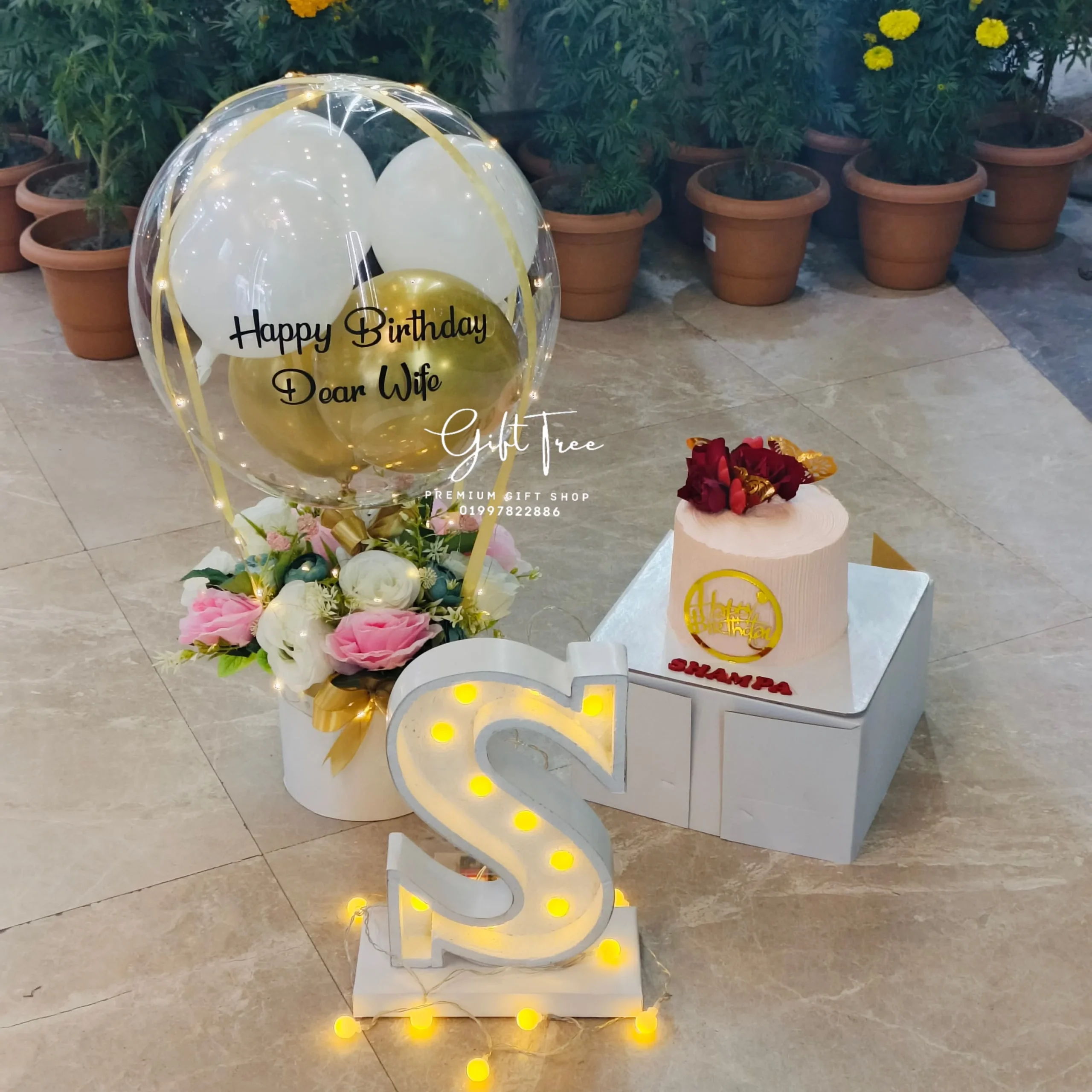 artificial flower balloon bouquet with 1kg cake & alphabet letters