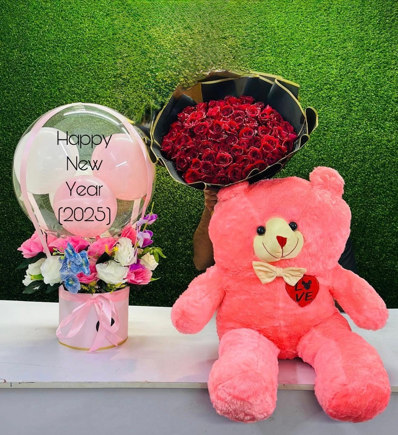 New Year Luxury Teddy, Rose & Balloon Gift Set