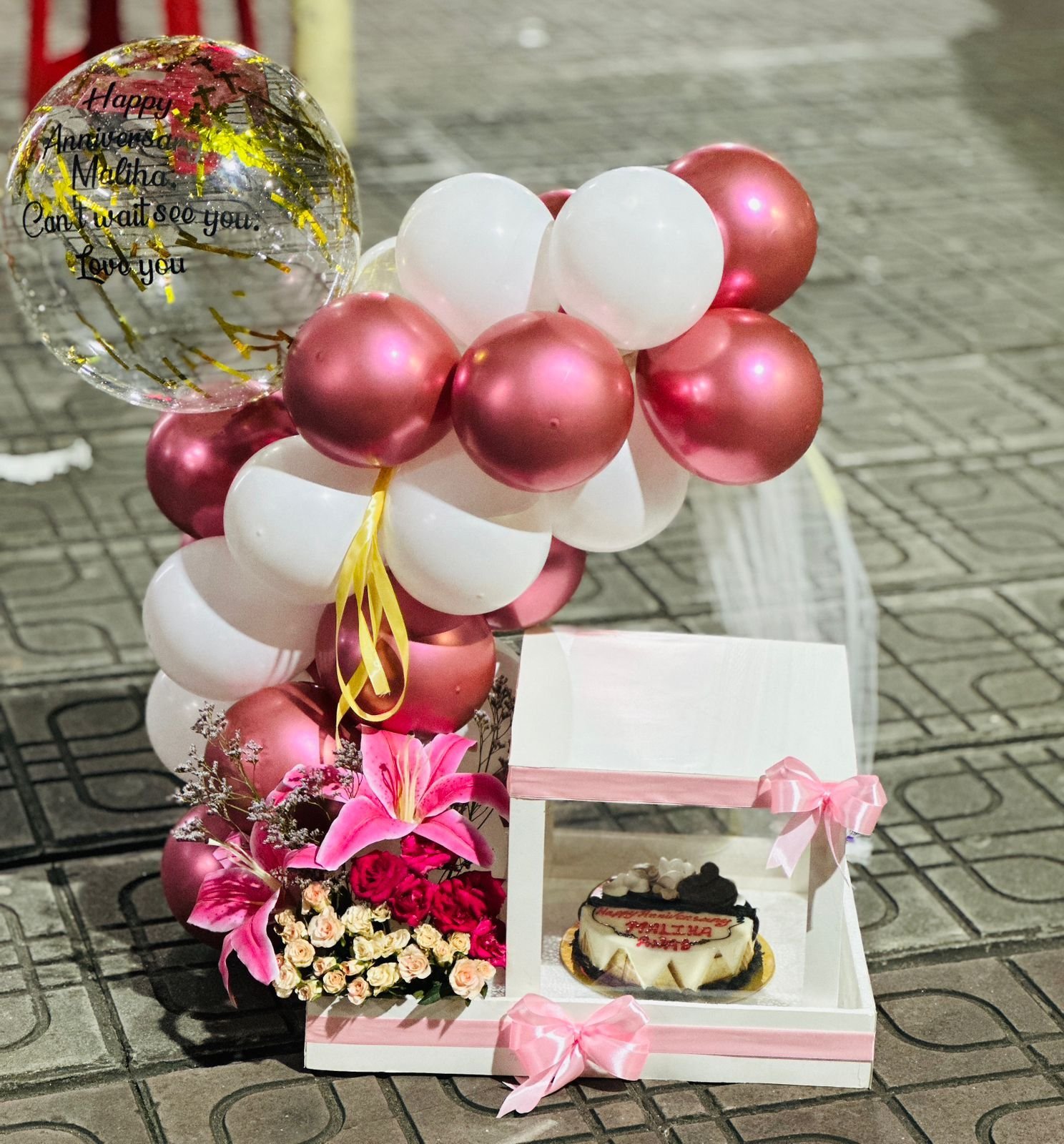 Romantic Anniversary Case with Cake, Roses & Lilies