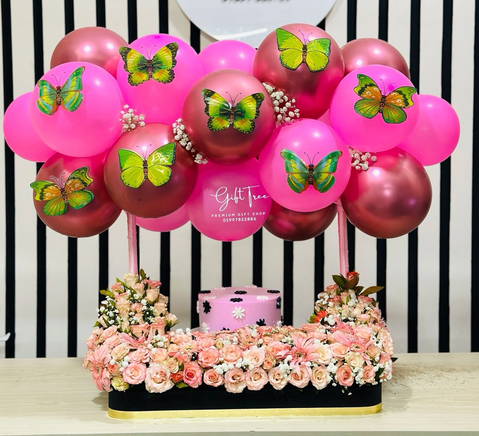 Cake with Pink & White Roses and Pink Balloons