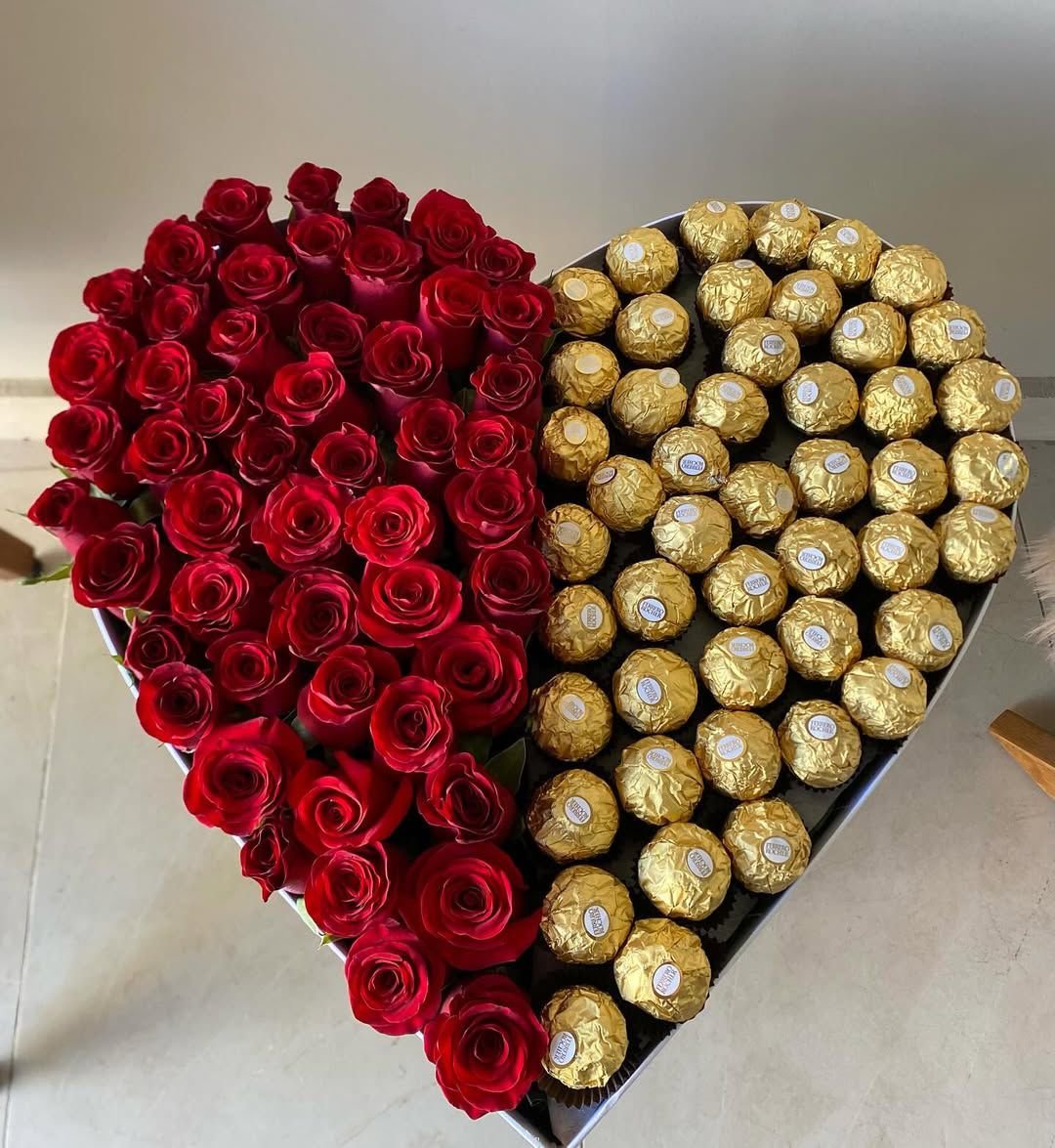 Half-and-Half Heart Box with 42 Red Roses & 42 Ferrero Rocher